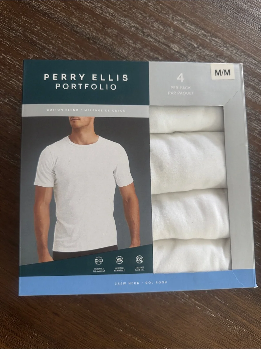 Perry Ellis White Crew Neck Undershirts - 4 Pack Size M